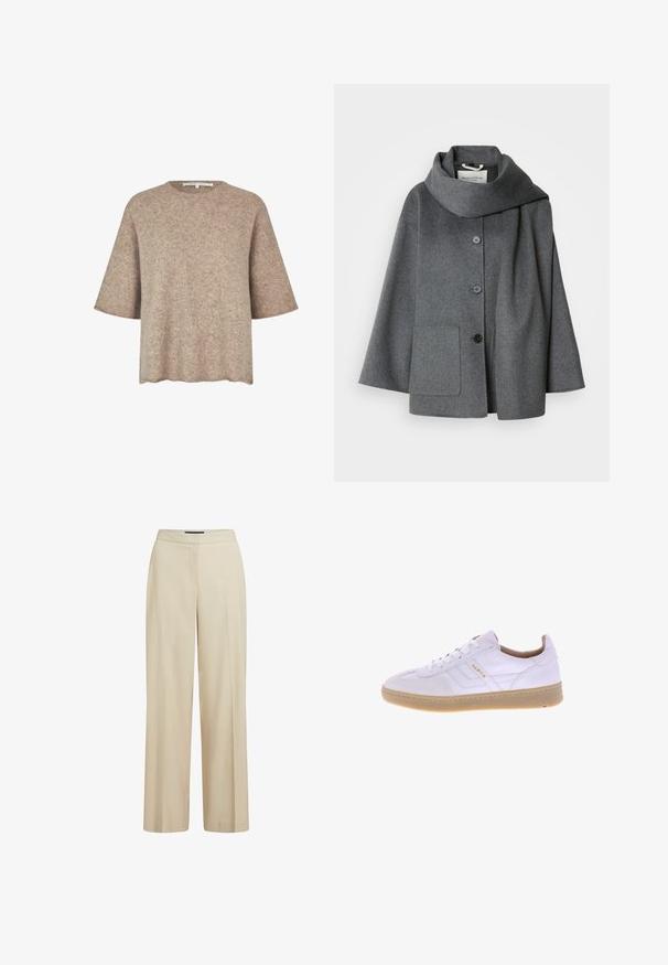 Grå frakke i uldblanding med stor, lagt krave, lukning med knapper foran og en enkelt sidelomme. Har en afslappet, oversized pasform.; Lysebrune, kortærmede top lavet af blød stof med rund halsudskæring og lige kant, med en subtil struktur hele vejen rundt.; Beige vidde-bukser lavet af et glat stof, med en flad talje og to forreste folder for ekstra struktur.; Hvide lædersneakers med en struktureret gummisål, der har en glat finish, seks snørehuller og et diskret logodetalje på siden.