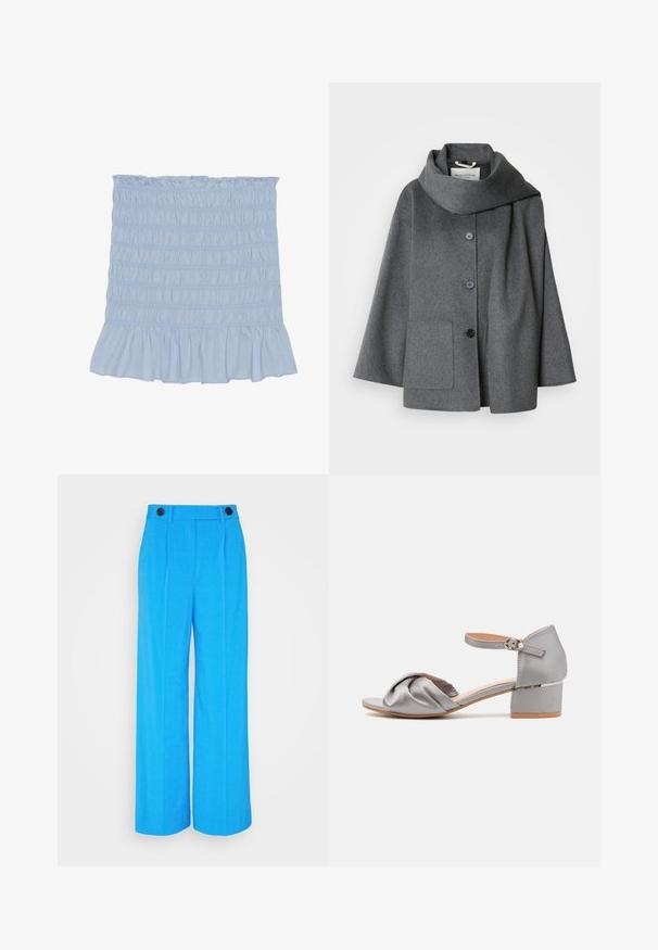 Grå frakke i uldblanding med stor, lagt krave, lukning med knapper foran og en enkelt sidelomme. Har en afslappet, oversized pasform.; Lyseblå smock-skjørt med bølget kant, prydet med tekstureret syning hele vejen rundt og lavet af en blød bomuldsblanding.; Lysblå brede bukser med skarpe foran folder, to sorte knapper i taljen og en glat stofstruktur.; Grå satin hælede sandaler med knyttet frontdesign, justerbar ankelrem og lav blokhæl. Glat tekstur og minimalistisk stil.