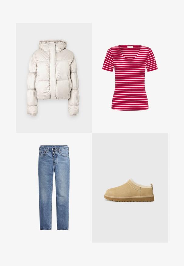 Doudoune beige clair avec capuche, manches longues matelassées, fermeture éclair frontale recouverte d'un large rabat, et poignets côtelés.; Chemise rouge à manches courtes avec fines rayures horizontales blanches et encolure arrondie, présentée sur fond blanc.; Jeans en denim bleu clair avec une coupe droite, un design à cinq poches et un bouton pression. Présentent une légère décoloration et des coutures orange en accent.; Chaussure en daim à enfiler de couleur beige clair, dotée d'une douce doublure en fourrure et d'une semelle en caoutchouc texturé avec un léger talon et une sangle à l'arrière pour un enfilage facile.