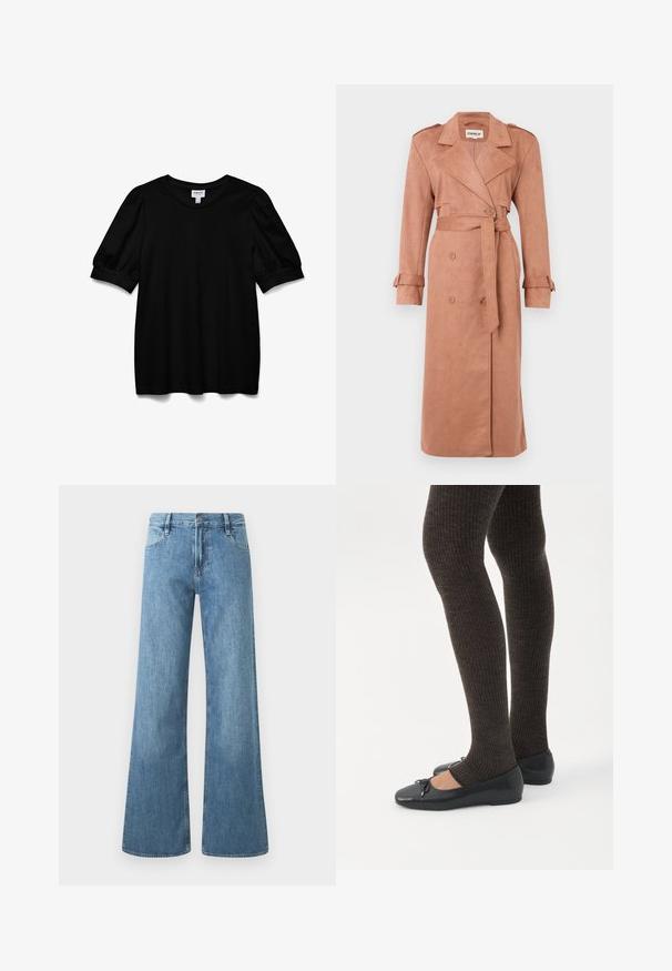 Lange, dubbelrijige trenchcoat in zacht, perzikachtig roze suède-achtig stof, met een ceintuur in de taille, zijzakken en sluitingen op de mouwen.; Zwarte top met korte mouwen en een ronde hals, gemaakt van een zachte stof. Heeft pofmouwen en een relaxte pasvorm. Eenvoudig, onopgesmukt ontwerp.; Lichtblauwe wijde jeans van denim. Heeft een hoge taille, vijf zakken, en een knoopsluiting met zichtbare stikseldetails.; Benen met donkere geribbelde leggings gecombineerd met zwarte ballerina's met kleine strikdetails op een witte achtergrond.