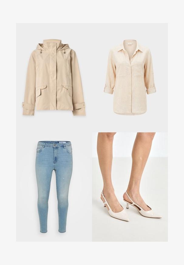 Beige Kapuzenjacke mit Frontreißverschluss, der durch eine Blende verdeckt ist, verstellbaren Bündchen mit Druckknöpfen und Klappentaschen mit Kordeldetails.; Beige langärmliges Hemd mit Kragen, zwei Brusttaschen und hochgekrempelten Ärmeln.; Hellblaue Denim-Jeans mit einer Slim-Fit-Passform, mittelhoher Taille, klassischem Fünf-Taschen-Design und subtilen abgenutzten Details an der Vorderseite.; Beige Lackleder Slingback-Absätze mit spitzem Fuß und 5 cm Absatz, mit ausgeschnittenen Seiten und einem schmalen Knöchelriemen.