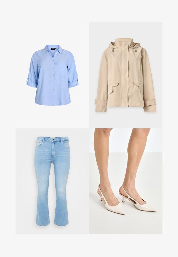 Beige hættejakke med forreste lynlås dækket af klap, justerbare ærmekanter med trykknapper og klaplommer med snore detaljer.; Lyseblå, kortærmet skjorte med knapper og krave, enkelt brystlomme og ærmer med rulleflap. Fremstillet af et struktureret stof.; Lys blå denim jeans med en tætsiddende talje, flagrende bukseben, fem-lomme design og subtil forvitring i stofstrukturen.; Beige patenterede læder slingback hæle med spids tå og 5 cm hæl, med udskårne sider og en tynd ankelrem.