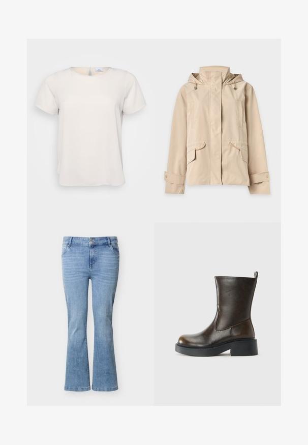 Beige capuchonjas met een rits aan de voorkant die bedekt is met een klep, verstelbare manchetten met drukknopen en klepzakken met koorddetails.; Korte mouwen, rondhals top in lichtbeige stof met een gladde textuur; heeft een keyhole detail aan de achterkant en een relaxte pasvorm.; Lichtblauwe spijkerbroek met wijde pijpen, dubbele knoopsluiting, voorzakken en subtiele vervaging op de dijen.; Donkere bruin leren laars tot halverwege de kuit met een ronde neus, dikke zwarte zool, lage blokhak en een trekband aan de achterkant.