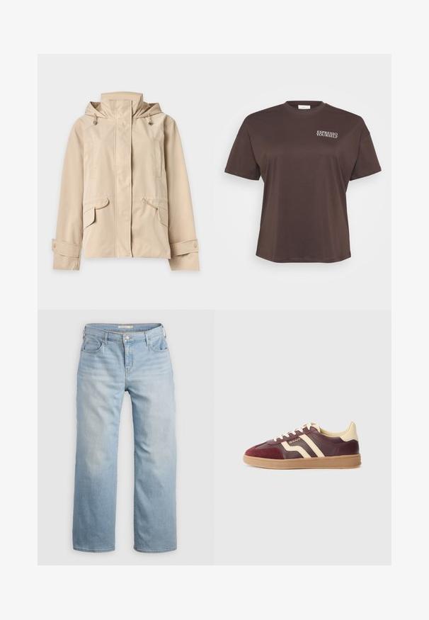 Chaqueta beige con capucha y cremallera frontal cubierta por solapa, puños ajustables con botones de presión y bolsillos con solapa y detalles de cordón.; Camiseta marrón de manga corta con el texto "ESPRESSO YOURSELF" en blanco en la parte superior izquierda. Diseño simple y casual.; Pantalones vaqueros de pierna ancha de color azul claro, confeccionados en denim. Con una cintura alta, cinco bolsillos y costuras de contraste. Textura suave con un acabado desgastado.; Zapatillas de cuero burdeos y crema con detalles de ante, que presentan dos rayas diagonales, una suela de goma texturizada y un diseño de puntera redondeada.
