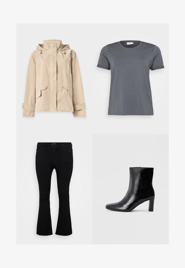 Beige capuchonjas met een rits aan de voorkant die bedekt is met een klep, verstelbare manchetten met drukknopen en klepzakken met koorddetails.; Grijze t-shirt met korte mouwen, gemaakt van zachte stof, met een klassieke ronde halslijn en omgeslagen mouwen. Een gladde textuur zonder zichtbare patronen.; Zwarte flairjeans van denim, met een knoopsluiting, vijf zakken en een gladde textuur. Klassiek ontwerp met een flared zoom.; Zwarte enkellaars gemaakt van glanzend leer, met een puntige neus en een gemiddelde blokhak, voorzien van een gladde textuur en een eenvoudig ontwerp.