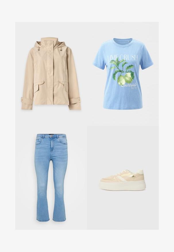 Beige hættejakke med forreste lynlås dækket af klap, justerbare ærmekanter med trykknapper og klaplommer med snore detaljer.; Lyseblå t-shirt med grønt mønster af limefrugter og blade, teksten "LIME CRUSH" og mindre tekst om limefrugter og courtside fruit club.; Lyseblå flagrende jeans i denim af bomuld. Features høj talje, fem lommer og synlige sømme langs sømme og kant.; Beige platform sneakers med en hvid sål. Udstyret med metalisk guld accents og en glat tekstur. Snørebåndsdesign med en rund tå.