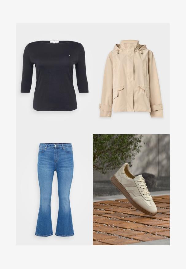 Chaqueta beige con capucha y cremallera frontal cubierta por solapa, puños ajustables con botones de presión y bolsillos con solapa y detalles de cordón.; Top negro de manga tres cuartos hecho de suave tela de algodón. Presenta un escote barco y un pequeño detalle de logo en el pecho.; Vaqueros acampanados de denim azul claro, con una cintura alta, cinco bolsillos y un cierre de botón clásico. Textura suave con un ligero desvanecimiento.; Zapatilla de color crema con suela de goma beige texturizada, diseño con cordones y sutiles detalles de marca en el lateral. Parte superior de cuero liso.