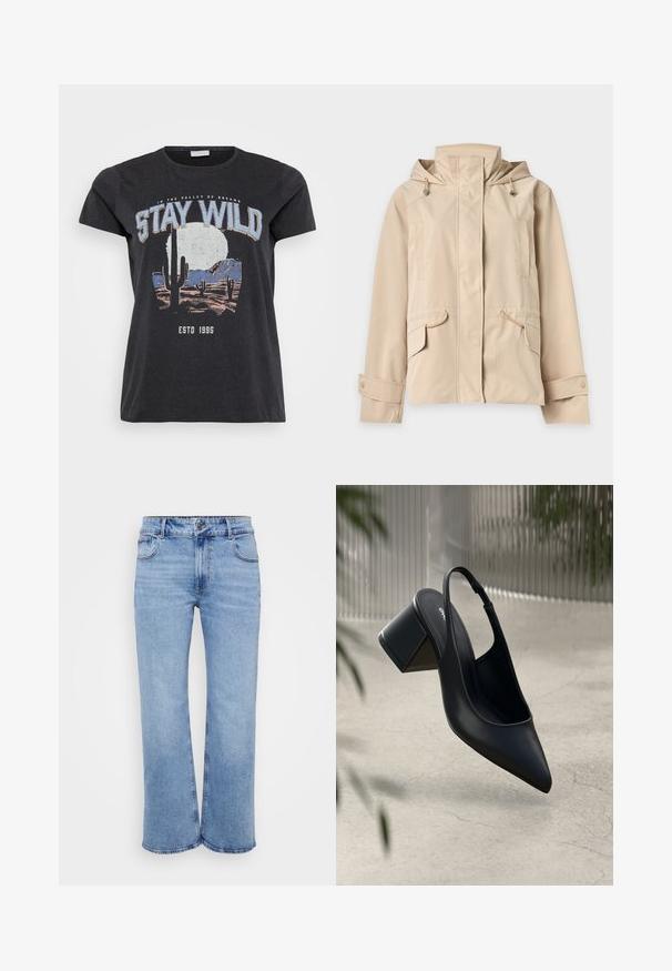 Beige capuchonjas met een rits aan de voorkant die bedekt is met een klep, verstelbare manchetten met drukknopen en klepzakken met koorddetails.; Zwarte katoenen t-shirt met een grafische print van een woestijnlandschap met cactussen, een maan en de tekst "STAY WILD" in blauwe letters.; Lichtblauwe wijde jeans gemaakt van denim, met vijf zakken, een rits aan de voorkant en een knoopsluiting. Subtiele stikdetails langs de naden.; Zwarte leren slingback hak met een spitse neus en een blokhak. Glad oppervlak, minimalistisch ontwerp en verstelbare enkelband.