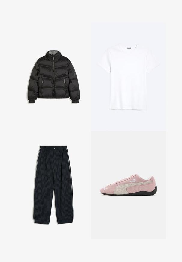 Doudoune noire avec col montant, fermeture éclair intégrale à l'avant, poches latérales zippées, poignets élastiques et logo discret sur la manche gauche.; T-shirt blanc uni à manches courtes et col rond avec une étiquette de la marque WEEKDAY visible au niveau du col, présenté sur un fond clair.; Pantalon large à fines rayures noires avec bandes blanches sur les côtés et fermeture par bouton à la taille.; Baskets en suède rose avec accents gris, design épuré, tige texturée et semelle en caoutchouc noir. Présente le logo Puma sur le côté.
