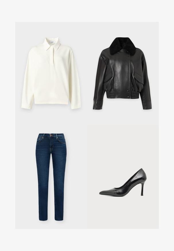 Veste bomber en cuir noir avec grand col en peau lainée noire, boutons pression, poches à rabat et taille élastique sur fond uni.; Polo blanc à manches longues avec col pointu et patte de boutonnage dissimulée, présenté sur un fond clair uni.; Jean slim bleu foncé avec cinq poches, fermeture par bouton et coutures visibles sur fond blanc uni.; Chaussure à talon haut pour femme en cuir verni noir avec bout pointu et talon fin sur fond clair uni.