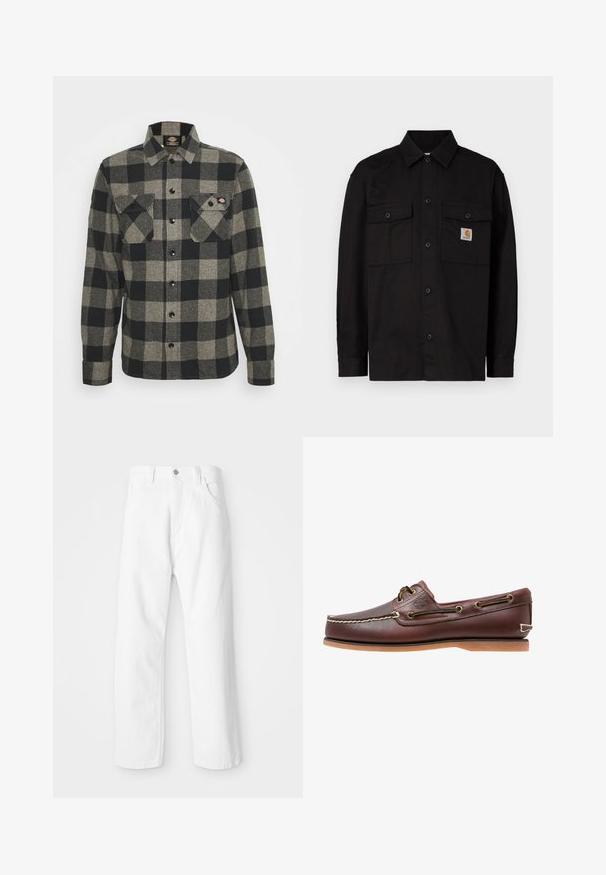 Zwart overhemdd met knopen, gemaakt van duurzaam materiaal, met twee borstzakken, een puntige kraag en een klein logolabel op de linker borstzak.; Zwart en grijs geblokt flanellen shirt met lange mouwen, knoopsluiting aan de voorkant, twee borstzakken en een licht gebogen zoom. Gegarneerde stof.; Witte denim broek met een rechte pijpdesign, voorzien van een sluiting met een voorknoop en ritssluiting, vijf zakken en een schone, gestructureerde afwerking.; Bruine leren bootschoen met witte stiksels, veterdetails en beige rubberen zool, zijaanzicht op een witte achtergrond.