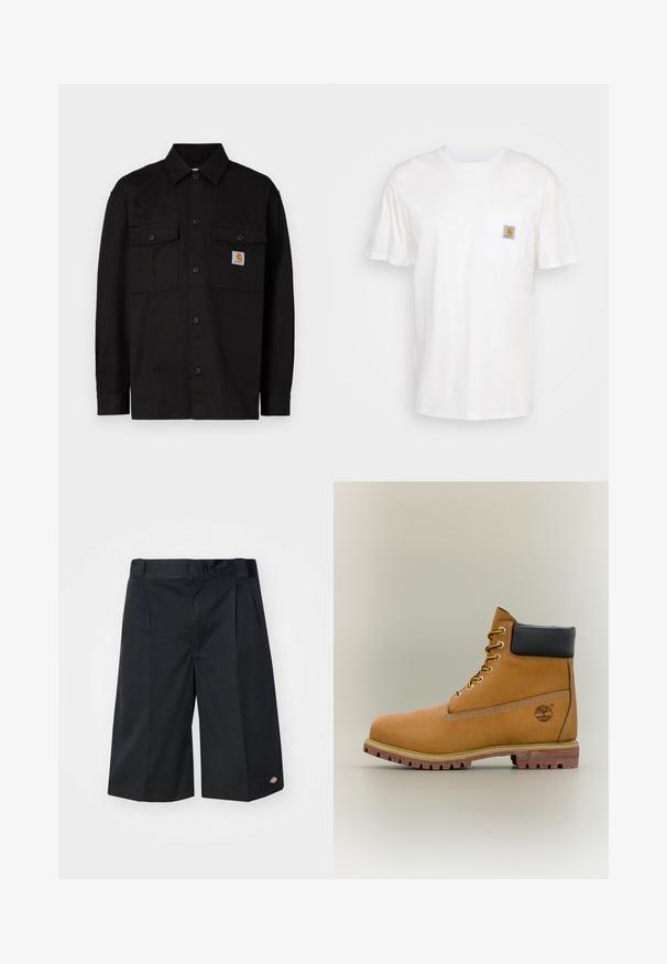 Sort skjorte med knapper lavet af holdbart stof, med to brystlommer, en spids krave og et lille logomærke på venstre lomme.; Hvid bomulds T-shirt med korte ærmer, en brystlomme, og et lille firkantet logo patch i orange og hvid på lommen.; Sorte shorts med skræddersyet design, der har flade frontfolder, en standard talje og sidelommer. Fremstillet af robust stof.; Brun læderankelstøvle med sort krave, gule snørebånd og tanfarvet sål. Har logo og hvide syninger som detalje. Robust ydersål med greb.