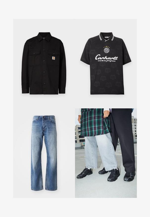 Schwarzes Hemd mit Knöpfen aus langlebigem Stoff, mit zwei Brusttaschen, spitzem Kragen und einem kleinen Logolabel auf der linken Tasche.; Schwarzes Polo-Shirt mit kurzen Ärmeln, weißem "Carhartt work in progress"-Schriftzug, Logo mit fünf gelben Sternen und dezenten Musterdetails.; Blaue Jeans mit geradem Bein aus Denim, mit leichtem Verblassen an den Oberschenkeln und Knien, ausgestattet mit fünf Taschen und einem Knopfverschluss.; Schwarze Sportschuhe mit Mesh- und Gummielementen. Kombiniert mit hellgrauen weiten Jeans und einem karierten grünen Oberteil. Flacher Hintergrund.
