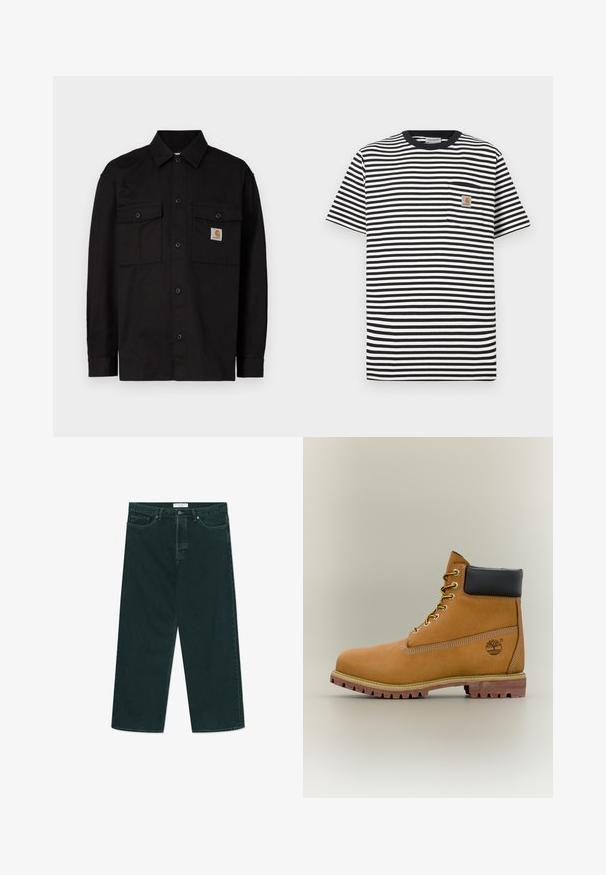 Sort skjorte med knapper lavet af holdbart stof, med to brystlommer, en spids krave og et lille logomærke på venstre lomme.; Sort-hvidt stribet t-shirt med rund hals, korte ærmer og venstre brystlomme med logo-patch. Blødt bomuldstof.; Mørkegrønne vidde denimjeans med knap- og lynlås lukning, forlommer og bæltestropper, liggende fladt på en hvid baggrund.; Brun læderankelstøvle med sort krave, gule snørebånd og tanfarvet sål. Har logo og hvide syninger som detalje. Robust ydersål med greb.