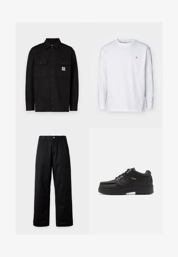 Camisa negra de botones hecha de tela resistente, con dos bolsillos en el pecho, cuello puntiagudo y una pequeña etiqueta con logo en el bolsillo izquierdo.; Camiseta de manga larga blanca de algodón. Cuenta con un pequeño logo dorado en el pecho y un cuello redondo. Diseño simple y corte estándar.; Pantalones negros de pierna ancha con trabillas para cinturón, botón frontal y cierre de cremallera, exhibidos sobre un fondo claro y liso.; Zapato de cuero negro con cordones, cuello acolchado, suela gruesa, ojales dorados y etiqueta Gore-Tex en el lateral.