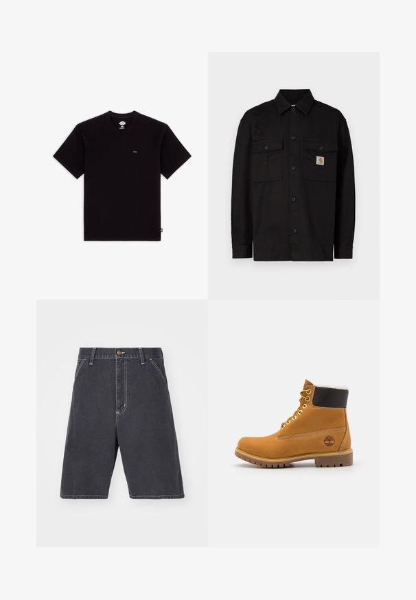 Sort skjorte med knapper lavet af holdbart stof, med to brystlommer, en spids krave og et lille logomærke på venstre lomme.; Sort bomulds T-shirt med korte ærmer, rund halsudskæring, har et lille logo mærke på brystet og et enkelt design uden mønstre eller accenter.; Mørkegrå denimshorts med en afslappet pasform, der har knaplukning, bæltestropper og diskret hvid syning. Ingen synlige lommer.; Brune læder ankelstøvle med metaløjer, hvid pelsforing, sort polstret krave, robust sål og præget logo på siden.