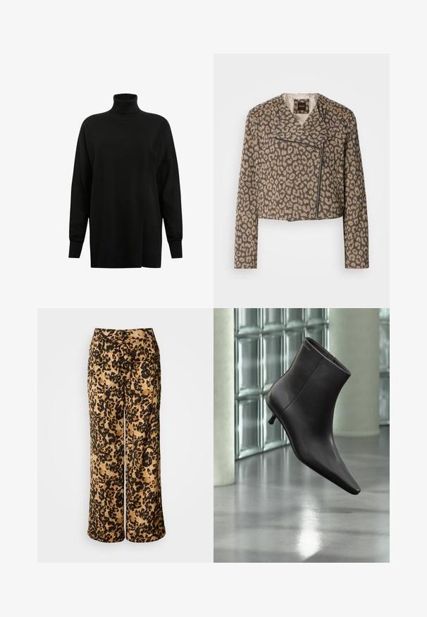 Zkrátená moto bunda v texturovanej svetlohnedej tkanine s čiernym leopardím vzorom. Má diagonálny zips, klopový golier a dve bočné vrecká.; AllSaints BERN WRAP - Svetrík - black; Dlhé nohavice s leopardím vzorom v béžovej farbe s čiernymi škvrnami. Majú sťahovaciu šnúrku v páse a dve bočné vrecká. Hladký materiál.; Čierna kožená členková obuv s ostrou špičkou a nízkym podpätkom, zobrazená na pozadí steny zo sklenených blokov a leštenej podlahy.