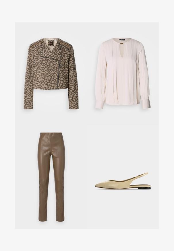 Veste de motard raccourcie en tissu texturé beige avec imprimé léopard noir. Elle dispose d'une fermeture éclair diagonale, d'un col cranté et de deux poches latérales.; Blouse à manches longues couleur crème avec un décolleté en forme de trou de serrure, des détails plissés sur le devant et des poignets à boutons. Texture de tissu lisse et léger.; Pantalons en cuir synthétique brun avec une texture lisse et brillante. Présentent une taille haute et des jambes droites, avec des détails de couture minimalistes.; Chaussure plate beige à bout pointu avec bride arrière, petit talon noir et finition en cuir lisse, vue de côté sur un fond uni.