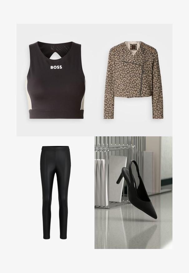 Veste de motard raccourcie en tissu texturé beige avec imprimé léopard noir. Elle dispose d'une fermeture éclair diagonale, d'un col cranté et de deux poches latérales.; Crop top de sport noir avec un dos en clé, présentant l'inscription "BOSS" en blanc et des accents beige sur les côtés. Fabriqué en tissu extensible et lisse.; Leggings en simili cuir noir avec une coupe slim, taille haute, texture lisse et longueur cheville, dotés de détails de couture minimalistes.; Chaussure à talon haut à bout pointu et bride arrière suspendue en l'air au-dessus d'un sol brillant avec des classeurs empilés en arrière-plan.