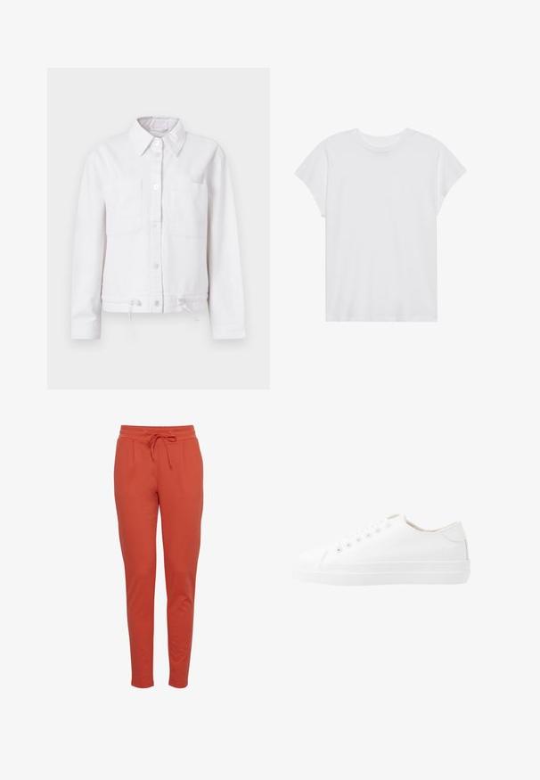 Chaqueta de algodón blanca con mangas largas, cierre frontal de botones, dos bolsillos en el pecho y cordón ajustable en el dobladillo. Textura suave, diseño con cuello.; Camiseta blanca de manga corta con cuello redondo, corte relajado, hecha de suave tela de algodón. Textura lisa, sin estampados ni logotipos.; Pantalones de chándal cónicos color naranja óxido con cintura elástica y cordón frontal, con bolsillos laterales y tejido suave.; Zapatillas de lona blancas con un diseño de corte bajo, puntera redonda, seis ojetes y suela de goma texturizada. Material suave con acentos mínimos.
