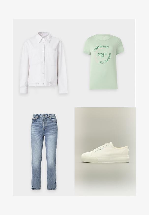 Chaqueta de algodón blanca con mangas largas, cierre frontal de botones, dos bolsillos en el pecho y cordón ajustable en el dobladillo. Textura suave, diseño con cuello.; Camisa de algodón verde claro con mangas cortas. En el frente presenta un texto circular: "Cultivando Flores Desde 07" en verde y rosa. Con cuello redondeado.; Jeans de mezclilla azul claro con ajuste recto, cintura alta, textura desgastada y cinco bolsillos. Presenta cierre de botón metálico y cremallera.; Zapatilla blanca de lona de perfil bajo con cierre de cordones en la parte delantera y suela gruesa de goma texturizada sobre fondo neutro.