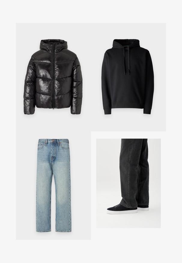 Sort pufferjakke med en blank finish, lynlås foran, hætte og quiltet design med udtalte vandrette sektioner.; Sort hætte sweatshirt lavet af blødt stof, med en kængurulomme, ribbede manchetter og en justerbar snor i hætten.; Lysblå denimjeans med lige ben-design, fem lommer og bronze hardware. Minimal falming med en ren finish.; Sorte denimjeans med afslappet pasform, parret med marineblå ruskindssneakers med hvide gummisåler og sorte snørebånd. Simpelt og moderne design.