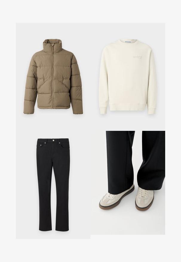 Only & Sons ONSPACK LIFE PUFFER JACKET - Winterjacke - walnut; Replay LOGO CREW NECK - Sweatshirt - natural rope; Schwarze Jeans aus Denim mit geradem Bein-Design, ausgestattet mit fünf Taschen und silbernem Zubehör sowie einer glatten Textur. Keine Muster oder Akzente.; Füße mit beigen Sneakers mit braunen Sohlen und schwarzen Hosen mit weitem Bein auf weißem Hintergrund.