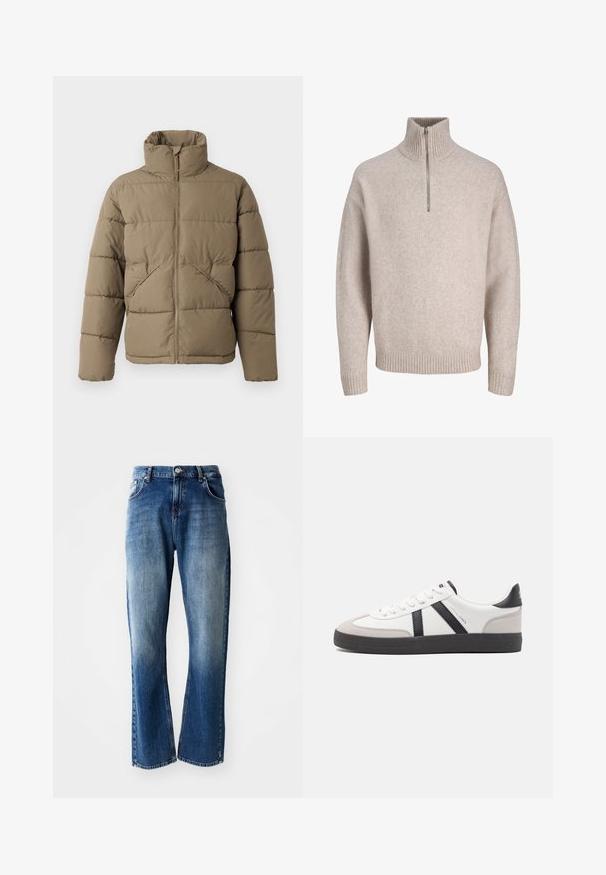 Only & Sons ONSPACK LIFE PUFFER JACKET - Zimná bunda - walnut; Béžový pulóver so štvrtinovým zipsom vyrobený z mäkkej pleteniny. Má rebrovaný golier a manžety, s voľným strihom a bezšvíkovým dizajnom.; Džínsy s rovnými nohavicami, svetlomodrá a tmavomodrá farba so zosvetlením, päť vreciek a zapínanie na gombík.; Biele tenisky s čiernymi a šedými akcentmi, s textúrovanou šedou špičkou, čiernou gumovou podrážkou a plochými bielymi šnúrkami. Čistý dizajn, minimalistický štýl.