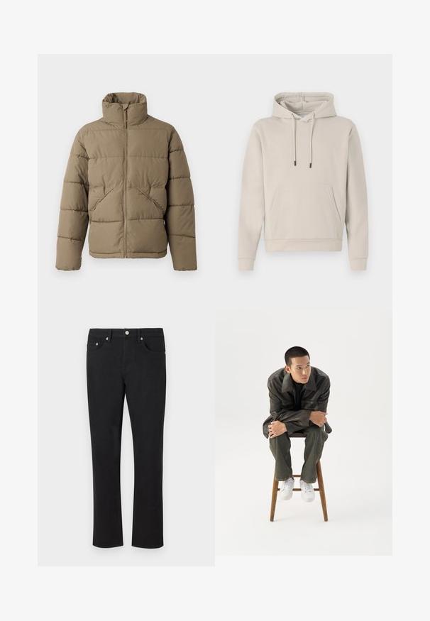 Only & Sons ONSPACK LIFE PUFFER JACKET OTW VD - Zimná bunda - walnut; Mikina s kapucňou vo svetlej béžovej farbe, s prednou kapsou, šnúrkami a ribovanými manžetami. Vyrobená z mäkkého, hladkého materiálu s voľným strihom.; Čierne denimové nohavice s priamym strihom, obsahujúce päť vreciek a strieborné kovanie s hladkou textúrou. Žiadne vzory ani akcenty.; Mladý muž v tmavej koženej bunde a džínsach sedí na drevenej stoličke, nakláňa sa dopredu so založenými rukami a pozerá sa do strany na bielom pozadí.