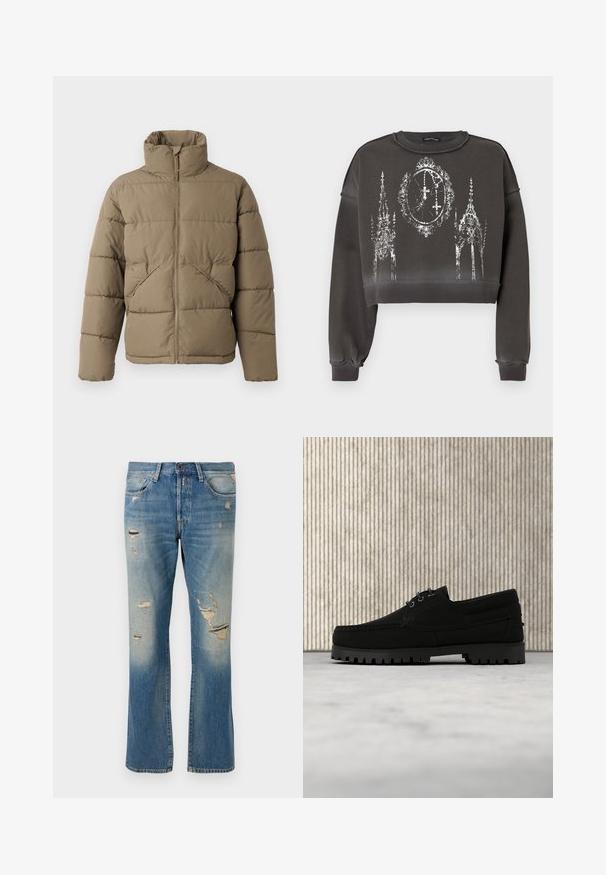 Only & Sons ONSPACK LIFE PUFFER JACKET OTW VD - Vinterjakker - walnut; Grå croppet sweatshirt med en tekstureret finish, med et hvidt grafisk design af udsmykkede strukturer og et ur i midten.; Lyseblå denimjeans med afslappet pasform, der har slidte detaljer og frynset lapper, med standard fem-lomme-design og knaplukning.; Sort snørestøvle med tyk rilled sål, der svæver over beige tæppe, brun moderne rundt bord i blødt oplyst rum i baggrunden.