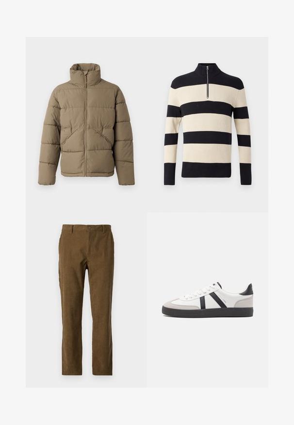 Only & Sons ONSPACK LIFE PUFFER JACKET - Veste d'hiver - walnut; Pull en tricot à côtes rayé noir et beige avec des manches longues et un petit zip en argent au col montant.; Pantalons en velours côtelé marron avec une coupe droite, présentant des côtes verticales, une fermeture à boutons sur le devant et des poches latérales pour plus de praticité.; Baskets blanches avec des accents noirs et gris, présentant un embout texturé gris, une semelle en caoutchouc noir et des lacets plats blancs. Design épuré, style minimaliste.