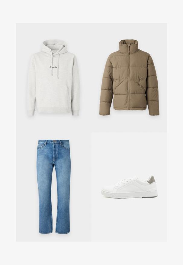 Only & Sons ONSPACK LIFE PUFFER JACKET - Vinterjakker - walnut; Lysegrå hættejakke med kengurulomme, snoretræk i hætten og broderet tekst i sort på fronten. Stoffet er en bomuldsblanding, ribbede manchetter.; Lyseblå denim jeans med lige ben, der har et klassisk fem-lomme design, knaplukning og kontrastsying.; Hvid sneaker lavet af glat læder, rund tå, minimalistisk design, grå hælafsats og tekstureret gummisål.
