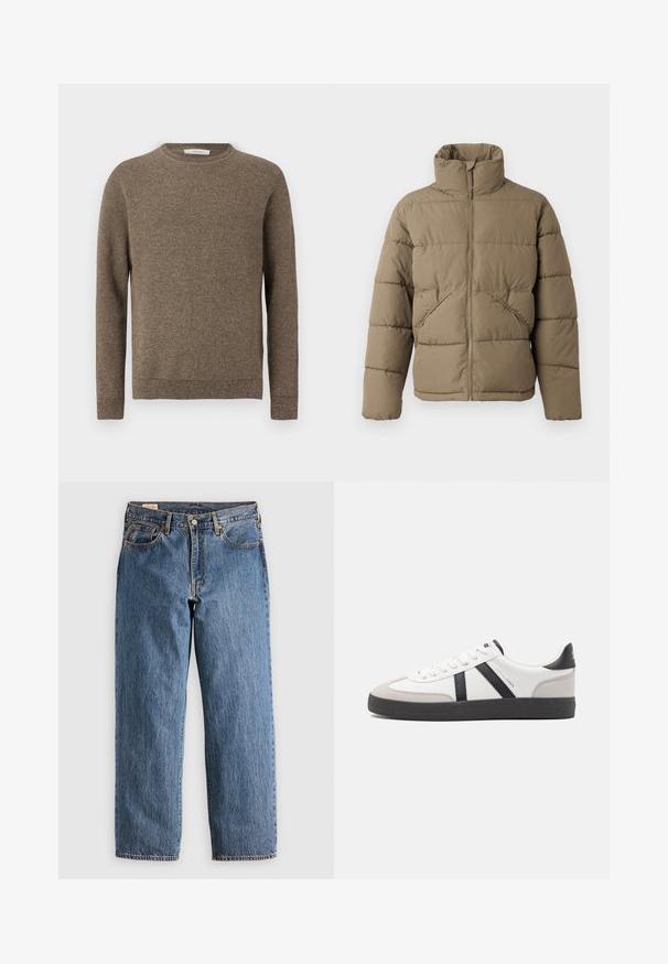 Only & Sons ONSPACK LIFE PUFFER - Talvejope - walnut; Pruun tekstureeritud kudumisest pika varrukaga sviiter ümmarguse kaelusega, ribidega mansettide ja äärega.; Sinine denimist sirgedega teksad, millel on kõrge vöökoht, vaskne kinnitus ja oranž õmblus. Esiküljel ja taga on taskud.; Valged tossud mustade ja hallide aktsentidega, tekstureeritud halli varbakattega, musta kummitald ja lamedad valged paelad. Puhtad jooned, minimalistlik stiil.