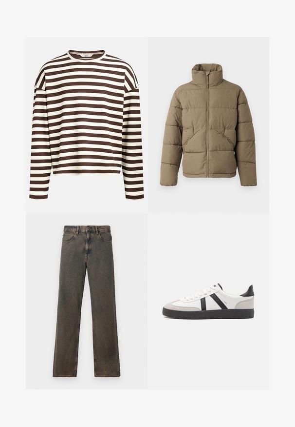 Only & Sons ONSPACK LIFE PUFFER JACKET - Vinterjakker - walnut; Brun og creme stribet langærmet top med en rund halsudskæring, ribbet tekstur og sænkede skuldersømme, der har en cropped pasform.; Brune vaskede lige ben jeans med forlommer, knaplukning og bæltestropper vist mod en hvid baggrund.; Hvide sneakers med sorte og grå detaljer, med en tekstureret grå tåhætte, sort gummisål og flade hvide snørebånd. Rent design, minimalistisk stil.