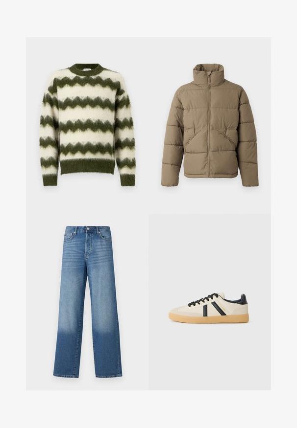 Only & Sons ONSPACK LIFE PUFFER JACKET - Zimná bunda - walnut; Zelený a biely sveter so vzorom cik-cak vyrobený z mäkkého a nadýchaného materiálu, s okrúhlym výstrihom a rebrovanými manžetami.; Modré vysoké pásové rovné džínsy so zosvetlením na stehnách a tmavším odtieňom pri lemoch, viditeľným predným gombíkom a vreckami.; Pohodlné tenisky v krémovej farbe s čiernymi pruhmi, s textúrovaným zvrškom a podrážkou z gumy. Šnúrky sú čierne. Diskrétny logo na boku.
