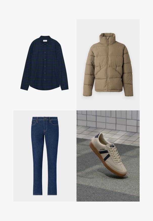 Only & Sons ONSPACK LIFE PUFFER JACKET - Vinterjakker - walnut; Marineblå og grønternet knap-ned skjorte med afrundet søm, lange ærmer og krave. Har tolv knaplukninger. Blød stofstruktur.; Mørkeblå denim jeans med lige ben-design, der har diskrete sømme, fem lommer og en knaplukning i taljen.; Beige sneaker med struktureret overflade, marineblå striber og gummisål. Har en polstret tunge og traditionelt snørresystem for en sikker pasform.