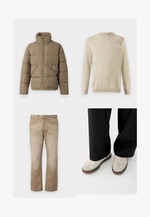 Only & Sons ONSPACK LIFE PUFFER JACKET - Vinterjakker - walnut; Only & Sons ONSBRANT CREW KNIT - T-shirts print - beige; Beige denim jeans med lige ben, der har fem lommer, en knaplukning og subtile falmninger i stoffet.; Fødder iført beige sneakers med brune såler og sorte bukser med vide ben på hvid baggrund.