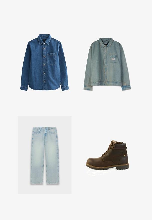 Chemise en denim bleu foncé, avec un col, une patte de boutonnage à l'avant, une poche poitrine unique et des manches longues avec poignets boutonnés.; Veste en denim bleu clair avec un col pointu, manches longues, poche poitrine et coutures visibles ; coupe décontractée et texture usée.; Jean en denim bleu clair, taille haute, avec une coupe droite, texture décolorée et un style classique à cinq poches.; Botte à lacets montante en cuir marron avec col rembourré, doublure en polaire et semelle à crampons robustes, conçue pour une utilisation en extérieur ou en hiver.