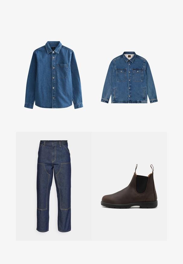 Chemise en denim bleu foncé, avec un col, une patte de boutonnage à l'avant, une poche poitrine unique et des manches longues avec poignets boutonnés.; Veste bleu denim avec col, fermeture à boutons, deux poches poitrine à rabat, deux poches latérales fendues et manches longues.; Jeans en denim bleu foncé avec une taille haute, une coupe droite, des coutures contrastantes et des poches appliquées à l'avant.; Bottines en cuir brun avec des panneaux élastiques sur les côtés et des boucles, présentant une surface texturée et une semelle en caoutchouc noir durable.