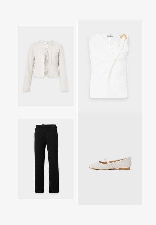 Kremfarvet cropped jakke med lange ærmer og rund halsudskæring, åben foran med en glat indre foring.; Ærmeløs hvid bluse med en indpakningsdesign, der har en guldfarvet dekorativ ringdetalje på den højre skulder.; Sorte bukser med lige ben med bæltestropper, foran lynlås og en glat linning, vist på en ensartet lys baggrund.; Flade sko i blødt beige materiale med en spids tådesign. Har en dekorativ rem med hvide perledetaljer. Lav hæl.
