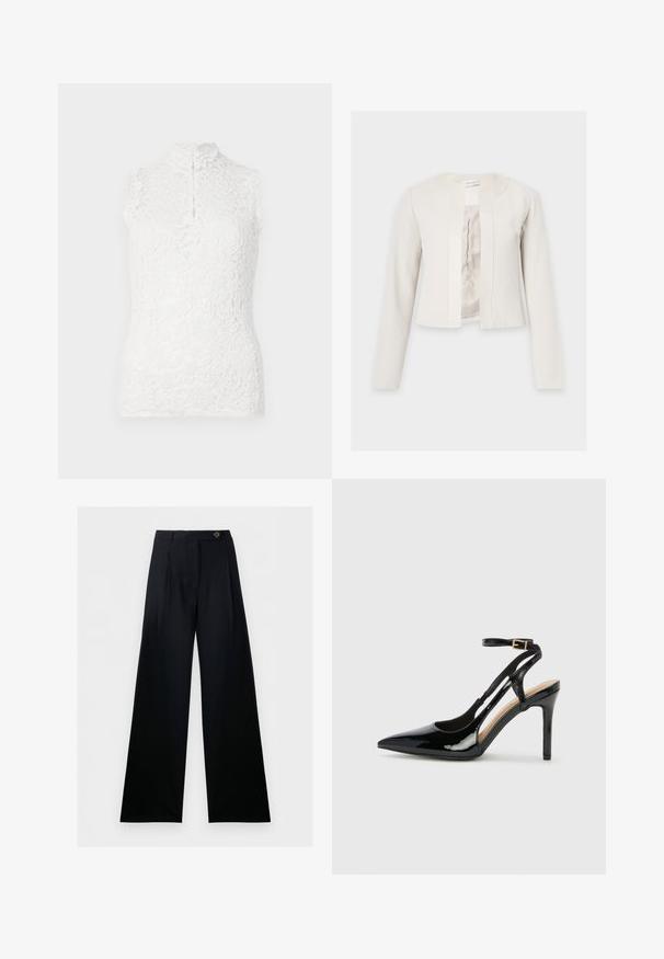 Veste courte couleur crème avec manches longues et col rond, devant ouvert montrant une doublure intérieure soyeuse.; Haut sans manches en dentelle blanche avec col montant, motif floral et fermeture à boutons sur fond uni.; Pantalon noir à jambes larges, taille haute, fermeture boutonnée à l’avant, avec passants de ceinture, présenté sur fond blanc.; Escarpin en cuir verni noir à talon haut, avec un bout pointu, une bride réglable à la cheville et des côtés ouverts. Texture lisse.
