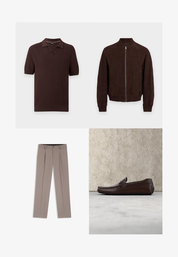 Veste aviateur en daim marron foncé avec fermeture éclair à l'avant, col, poignets et ourlet côtelés, et poches latérales fendues.; Polo à manches courtes en maille marron foncé avec motif texturé, col en V ouvert, poignets et ourlet côtelés.; Pantalon homme sur mesure de couleur marron clair avec passants de ceinture, plis, bouton à l'avant et braguette zippée, posé à plat sur un fond blanc.; Mocassins en cuir marron avec une finition lisse, des coutures de style mocassin, un bout rehaussé et une semelle en caoutchouc basse et flexible.