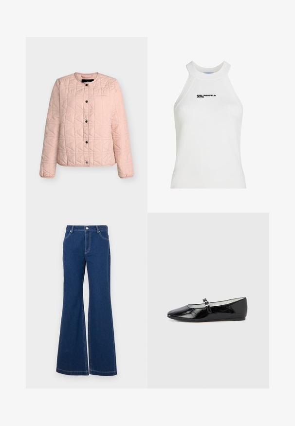 Lyserød quiltet jakke med rund hals og sorte trykknapper foran, med geometriske syningsmønstre.; Hvid, ribstrikket, ærmeløs top med høj halsudskæring og sort "Karl Lagerfeld Jeans"-logo midt på fronten.; Mørkeblå sænkede jeans lavet af denim. Funktioner inkluderer bæltesløjfer, forreste lommer og kontraststing. Bred benåbning.; Sorte balletsko i laklæder med spids tå, med en lille rem og rund spænde detalje på siden. Flad sål design.