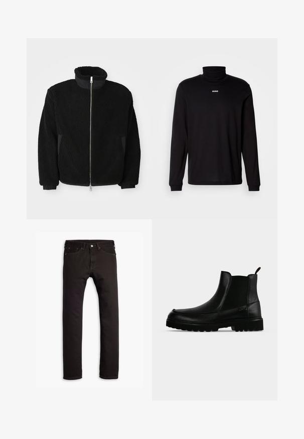 Sort fleecejakke med høj krave, fuld lynlås og ribbede manchetter. Stoffet har en tekstureret, fuzzy overflade.; Sort langærmet turtleneck skjorte lavet af glat stof, med et hvidt "HUGO" logo på brystet, samt tætsiddende manchetter og kant.; Sorte slim-fit jeans med fem lommer og knaplukning, præsenteret fladt på en hvid baggrund.; Sort læderankelstøvle med tekstureret sål, elastiske sidepaneler og træksnor på en lysegrå baggrund.