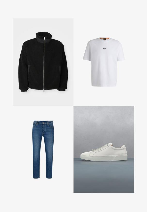 Schwarze Fleece-Jacke mit hohem Kragen, durchgehendem Reißverschluss und gerippten Bündchen. Der Stoff hat ein strukturiertes, fusseliges Aussehen.; Weißes Baumwoll-T-Shirt mit kurzen Ärmeln, ausgestattet mit einem schwarzen "BOSS"-Logo, das mittig auf der Brust platziert ist, und einem runden Halsausschnitt.; Blaue Denim-Jeans mit geradem Schnitt, ausgestattet mit fünf Taschen, Gürtelschlaufen und einem Knopfverschluss. Leichte Abnutzungsspuren und kontrastierende Nähte.; Weißes Leder-Sneaker mit abgerundetem Zehenbereich, minimalistisches Design, graue Schnürsenkel und einer strukturierten grauen Gummisohle. Dezente Nähte sichtbar.