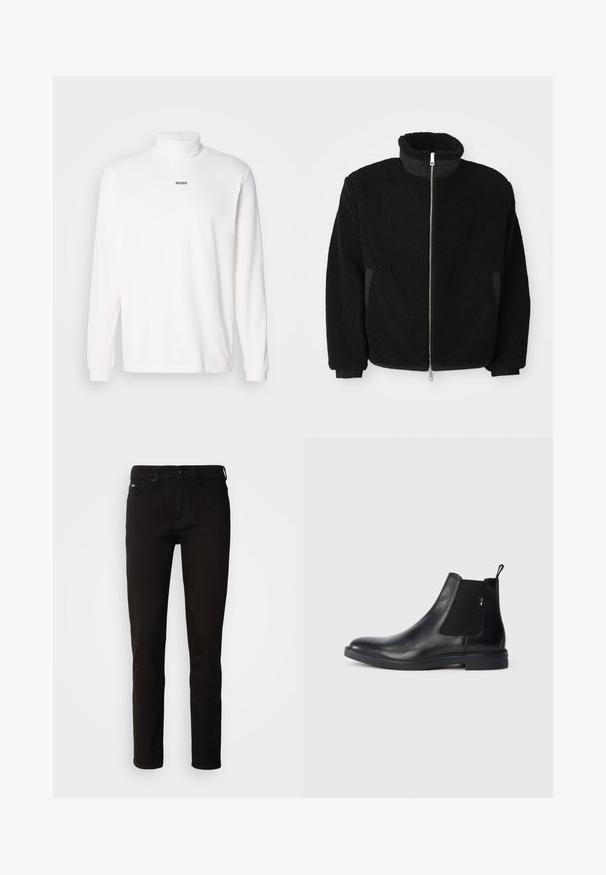 Chaqueta de forro polar negra con cuello alto, cremallera completa y puños acanalados. La tela tiene una apariencia texturizada y difusa.; Camisa de cuello alto de manga larga blanca, hecha de una tela suave, con un sutil logo negro "HUGO" en la parte delantera y puños ajustados.; Jeans de mezclilla negra con un corte recto, cierre de cremallera y diseño de cinco bolsillos. La tela tiene una textura suave sin patrones visibles.; Botines Chelsea de cuero negro con paneles elásticos laterales, una pestaña para tirar y una suela de goma plana. Textura suave con un detalle mínimo.