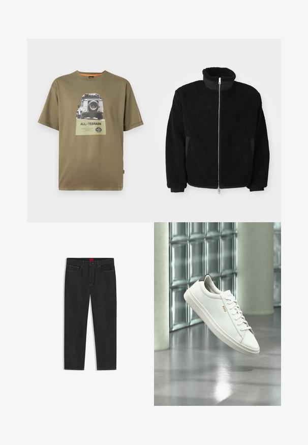 Sort fleecejakke med høj krave, fuld lynlås og ribbede manchetter. Stoffet har en tekstureret, fuzzy overflade.; Grøn bomulds T-shirt med korte ærmer, der har et grafisk tryk af et køretøj og teksten "ALL-TERRAIN" på et firkantet mærke.; Mørkeblå jeans i denim med lige ben, der har en rød mærkelap ved linningen og minimal syningsdetalje.; Hvid læder lav-top sneaker med snørebånd, sort hælflig og "BOSS"-logo, svævende indendørs nær glasblok væg og poleret gulv.