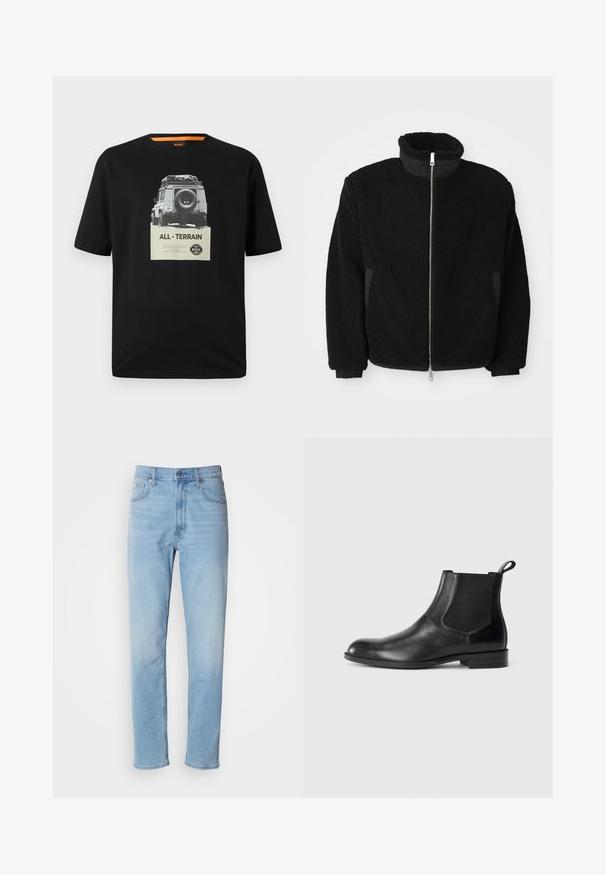 Chaqueta de forro polar negra con cuello alto, cremallera completa y puños acanalados. La tela tiene una apariencia texturizada y difusa.; Camiseta de algodón negra con cuello redondo, que presenta una impresión gráfica de un vehículo clásico y el texto "TODOTERRENO" en el pecho.; Jeans de mezclilla azul claro con un corte recto, cinco bolsillos y trabillas para cinturón. La tela presenta una textura suave con un ligero efecto de desvanecimiento.; Botín negro de cuero hasta el tobillo con paneles elásticos a los lados, punta redondeada y lengüeta. Textura suave, suela plana, diseño minimalista.