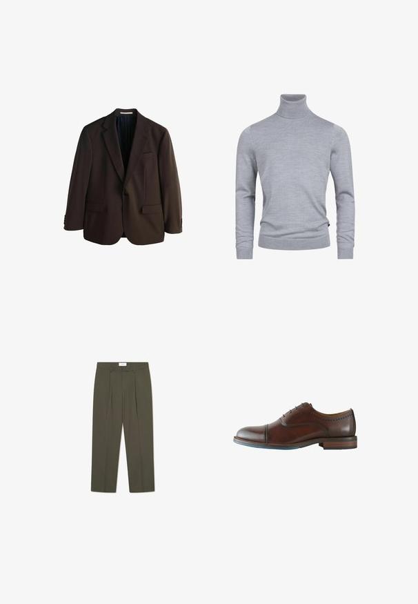 Dunkelbraunes Sakko mit Kerb-Revers, Ein-Knopf-Verschluss, zwei Vorder Taschen und drei Knopf-Details an den Ärmeln. Glatte Stoffstruktur.; Grauer Rollkragenpullover aus weichem Strickstoff. Mit langen Ärmeln und einer figurbetonten Passform, verfügt über gerippte Bündchen und Saum. Einfache, glatte Textur.; Olivgrüne Hose mit vertikalen Nadelstreifen, tailliertem Bund, Falten und geradem Bein. Glatte Textur.; Brauner Herrenschuh aus Leder mit Schnürverschluss, Kappzehe und leichtem Absatz auf weißem Hintergrund.