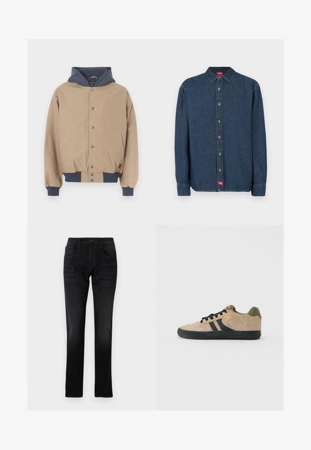 Hellbraune Jacke mit einer marineblauen Kapuze, Druckknopfleiste vorne und gerippten Bündchen. Verfügt über zwei Seitentaschen und ein Design mit lockerer Passform.; Dunkelblaues Denim-Hemd mit Knöpfen, spitzem Kragen, langen Ärmeln und kupferfarbenen Knöpfen. Verfügt über ein kleines rotes Etikett auf der linken Seite.; Schwarze Jeans aus Denim mit geradem Schnitt, Fronttaschen und einem einzelnen Knopfverschluss. Verfügt über subtile Verblassungen und Näh-Details.; Beige Wildlederschuh für Skateboarding mit schwarzer Sohle, schwarzen Schnürsenkeln, schwarzen Seitenstreifen, olivgrüner Ferse und gelbem Globe-Logo an der Seite und Zunge.